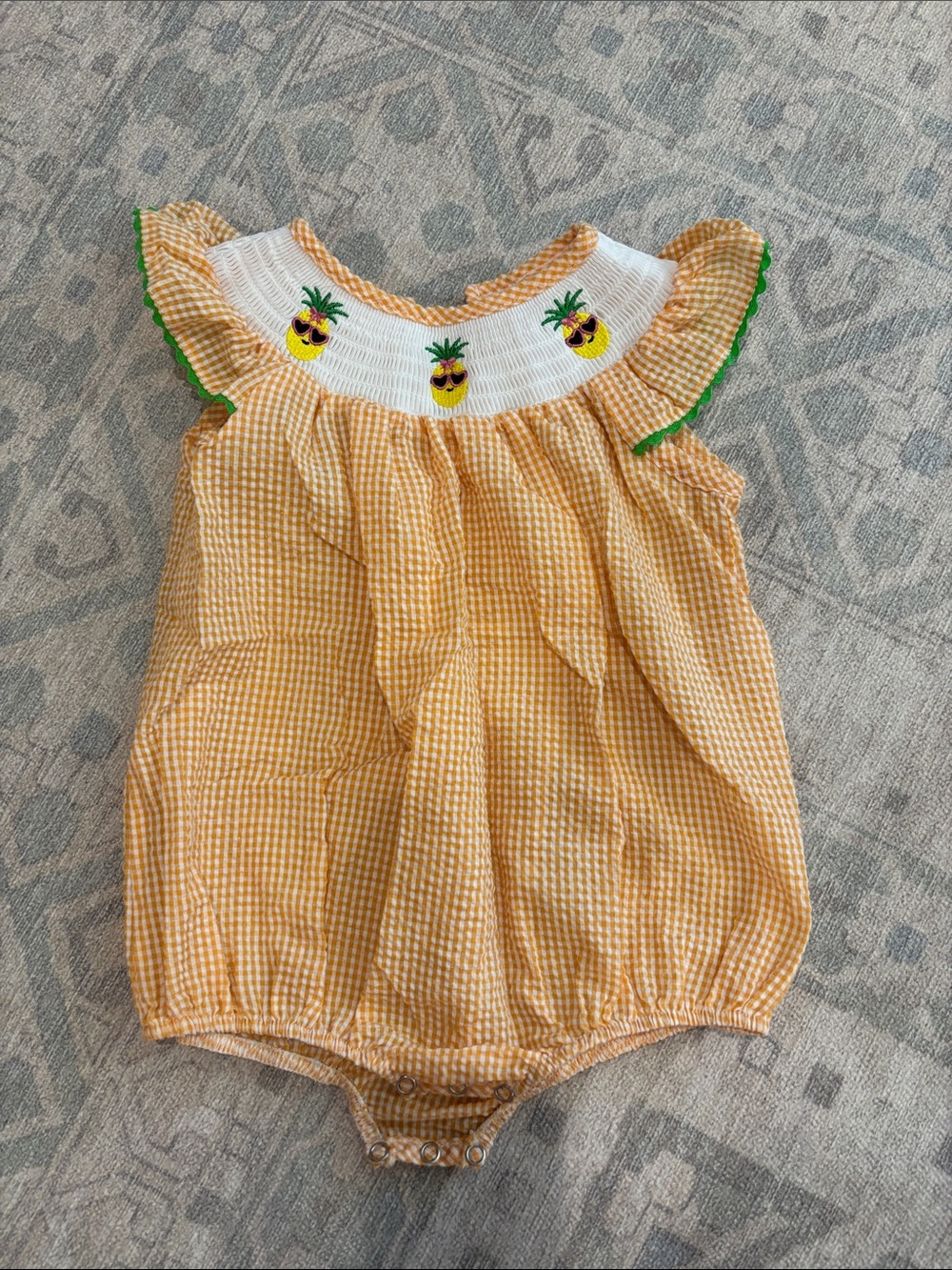 Yellow Gingham Baby Bubble Romper with Pineapple Smocking
